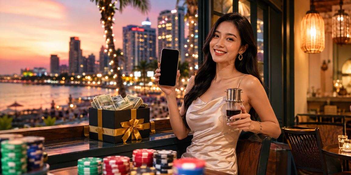 Khách du lịch tại Phú Quốc vừa uống cà phê vừa tra cứu ưu đãi casino trên điện thoại di động